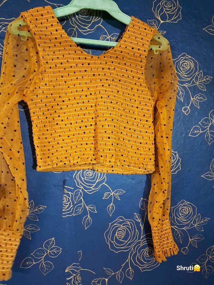 Sheer Sleeve Smocked Crop Top