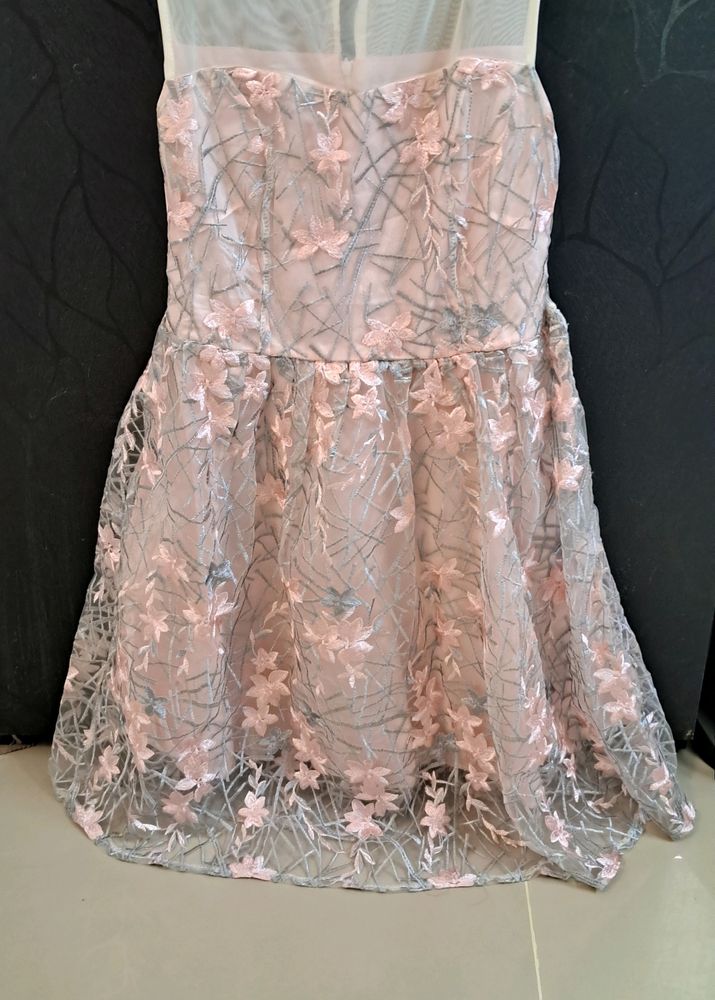 Beautiful Grey N Pink Floral Net Frock