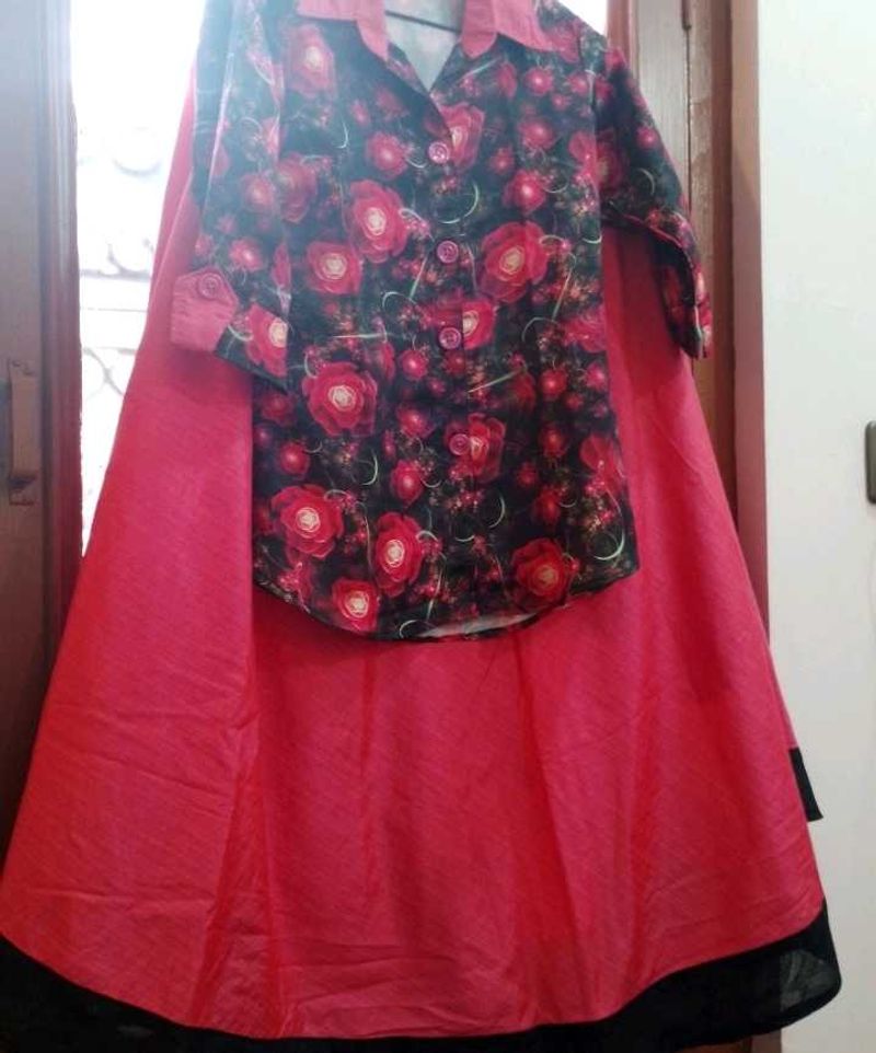 Rose Print Top &amp; Red Skirt Set