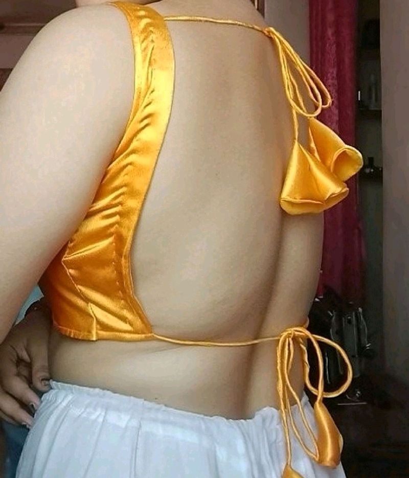 Satin Padded Backless Drawstring Deep Neck Blouse