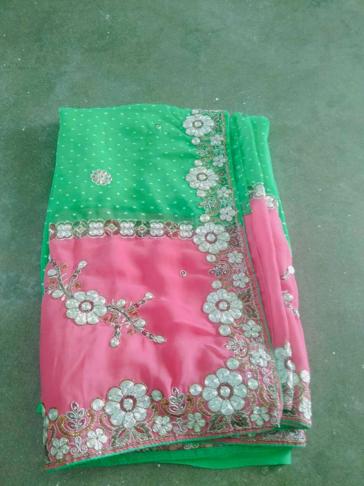 Green &amp; Pink Floral Saree