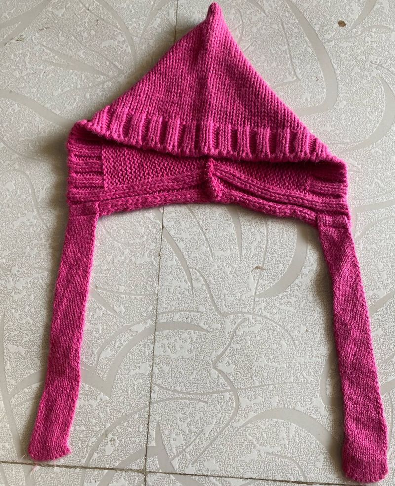 Pink Knitted Winter Bonnet Hood with Long Ties