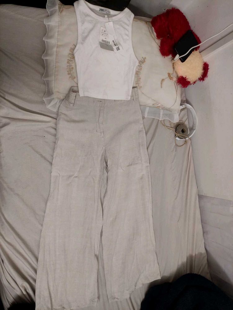 Zara Top &amp; Wide Linen Leg Pants Set