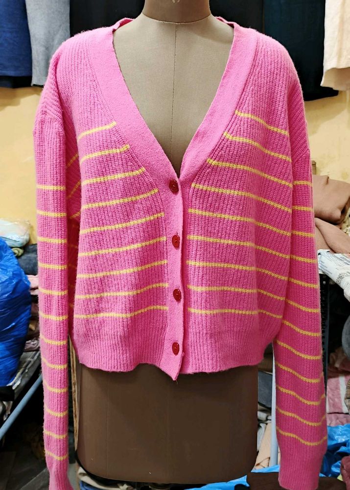 Pink Striped Knit Cardigan