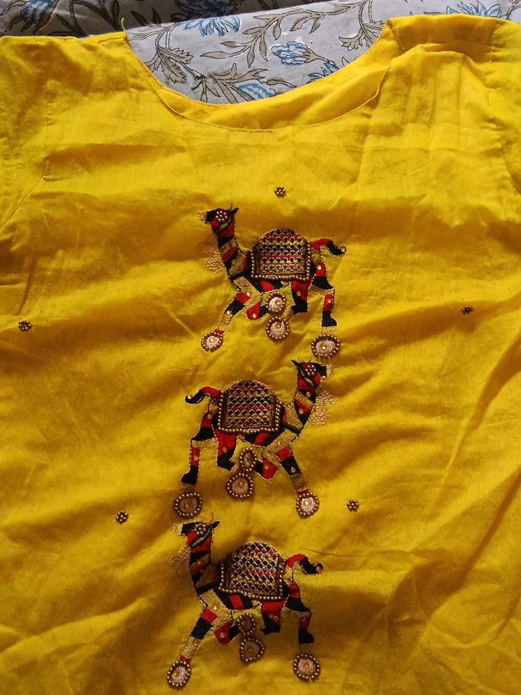 Yellow Kurta with Camel Embroidery