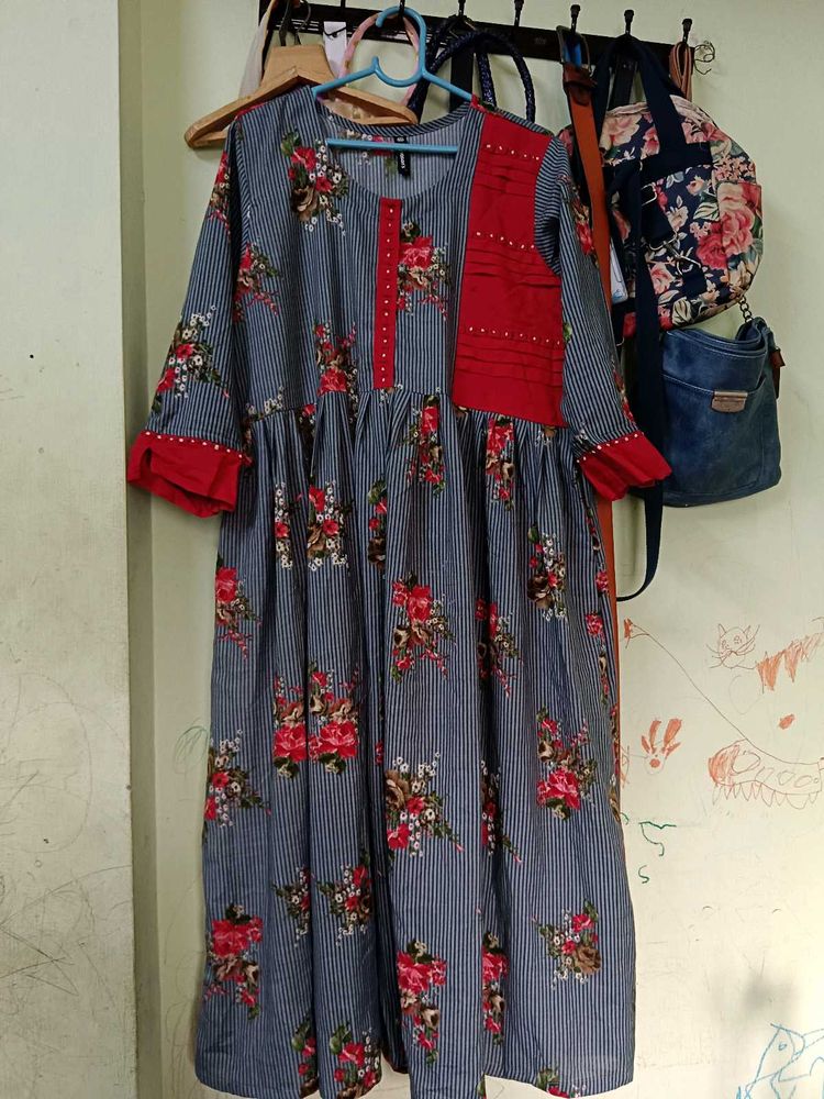Floral Striped Dress with Red Accents