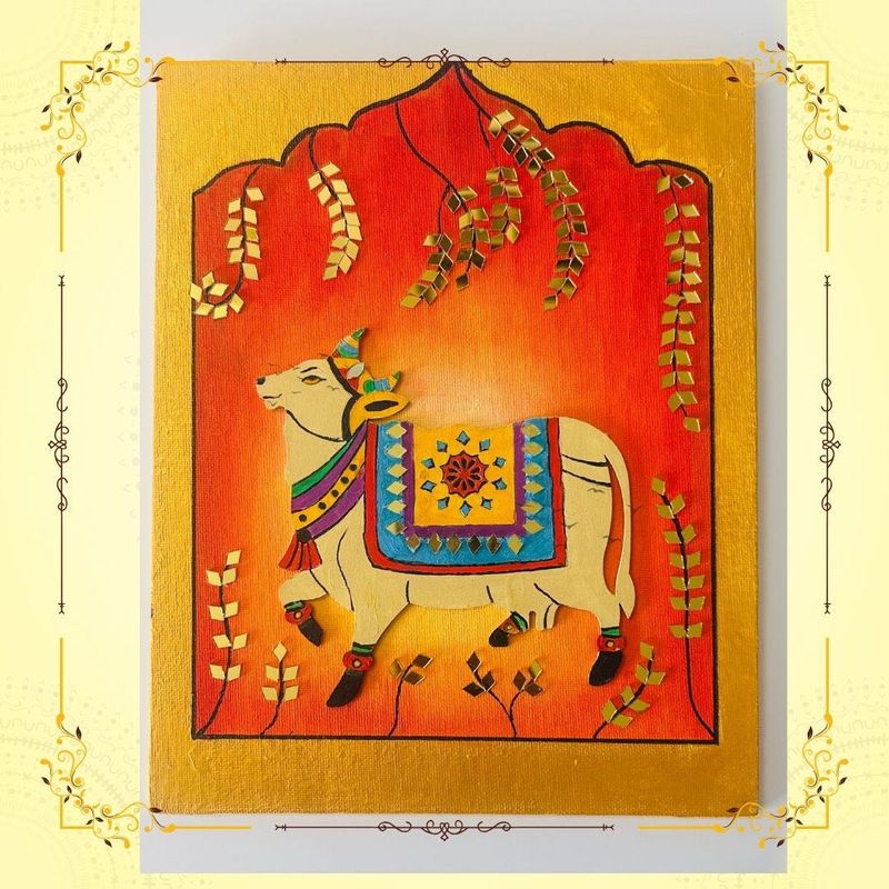 Decorative Kamdhenu Cow On Canvas