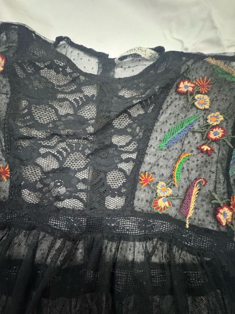 Black Net Floral Embroidered Top