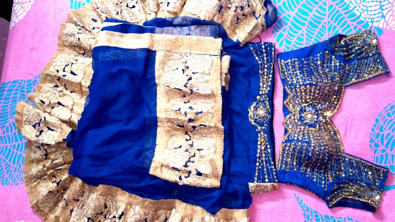 Royal Blue &amp; Gold Embellished Lehenga Set