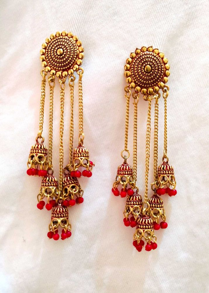 Golden Jhumka Earrings with Red Beads 💎