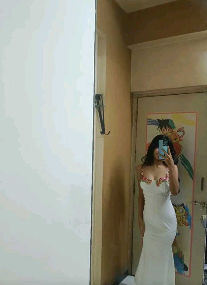 White Floral Neckline Maxi Dress