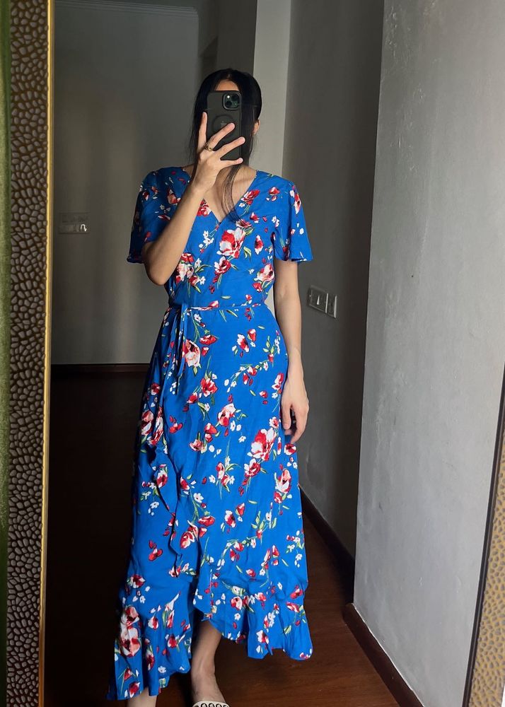 Floral V-Neck Ruffle Midi Wrap Dress