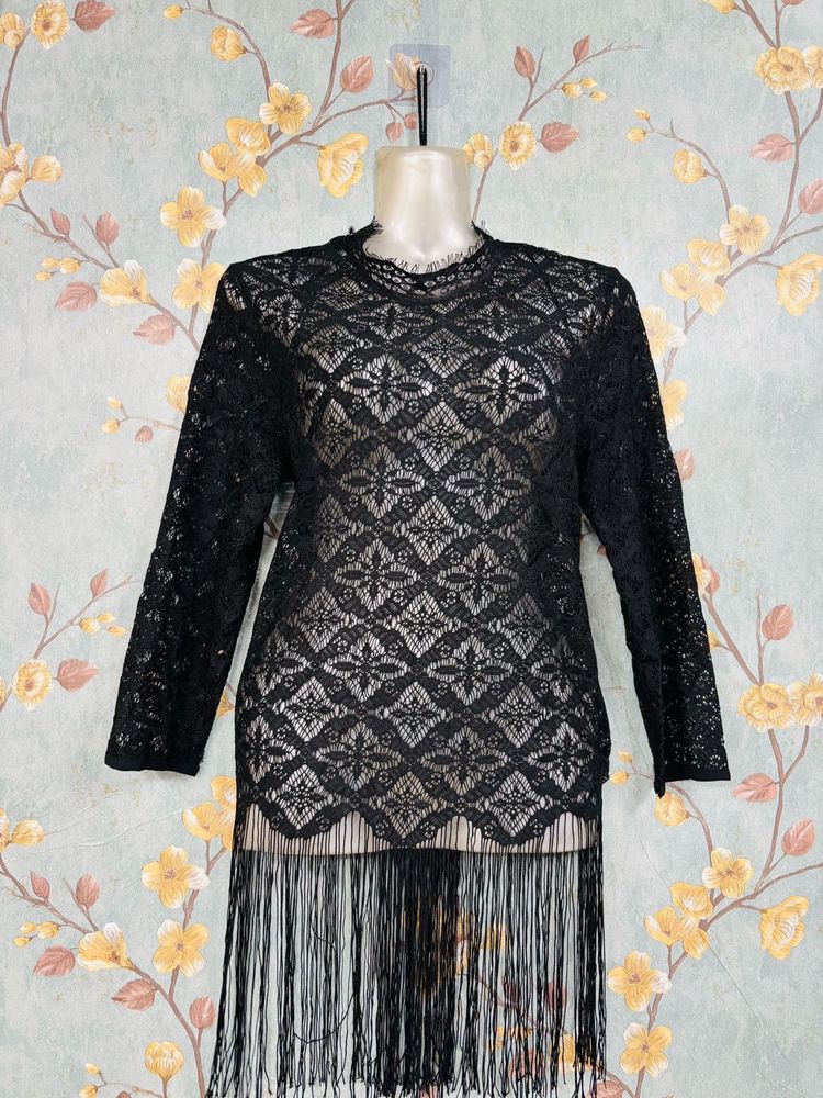 Lace Fringe Top Black