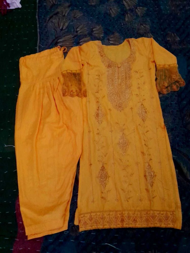 Embroidered Yellow Kurta And Salwar Also