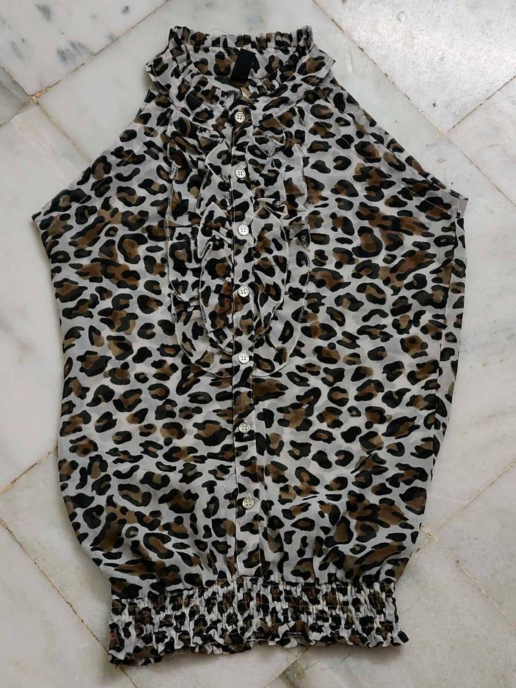Black leopard print halter neck top