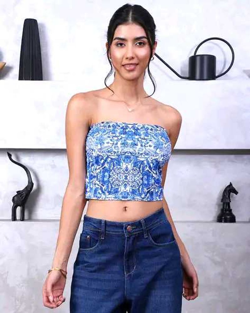 Shein Fitted Strapless Floral Print Crop Tube Top