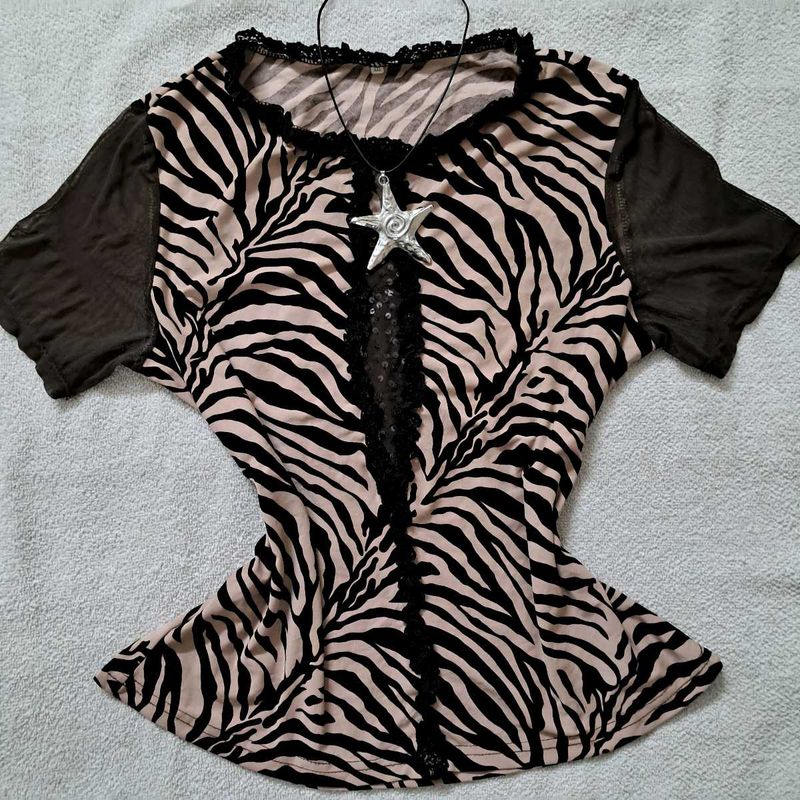 Y2k Vintage Zebra Print Top with Lace Details