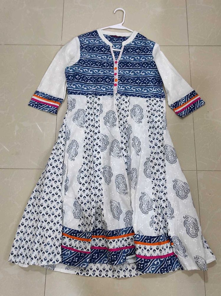 White &amp; Blue Paisley Anarkali Kurti