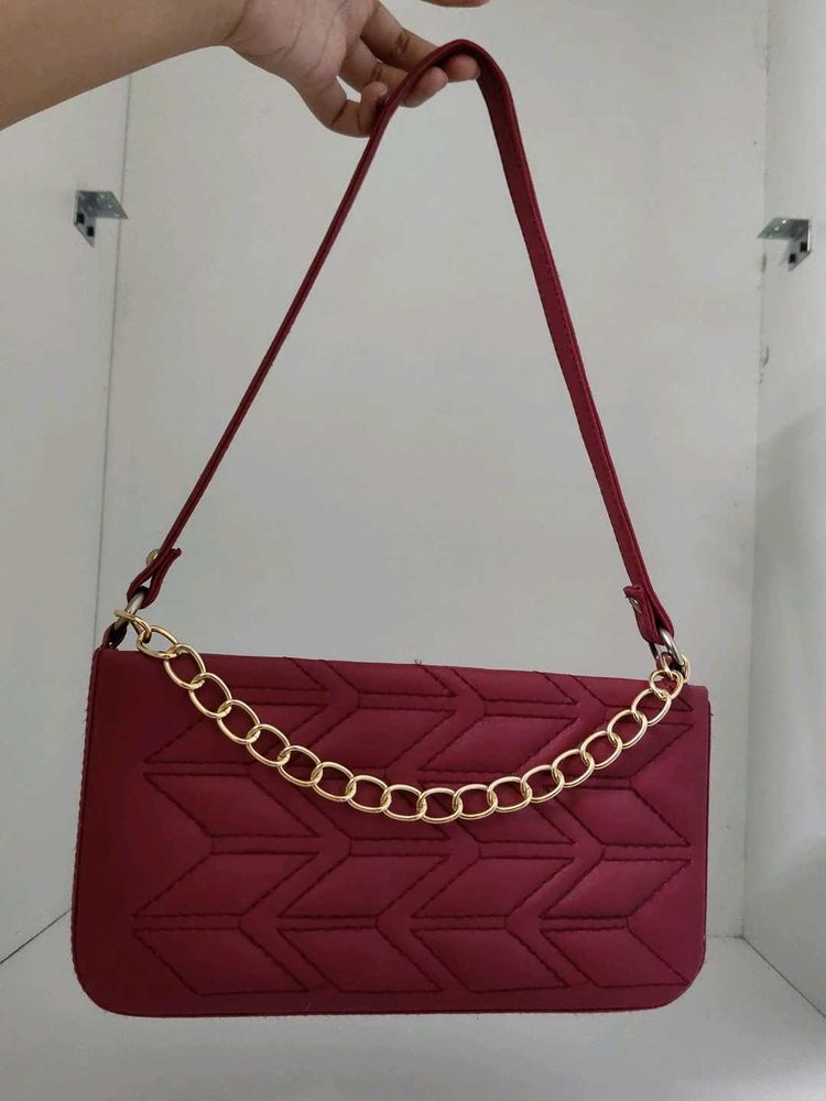Classy Maroon Shoulder Bag With Gold Chain