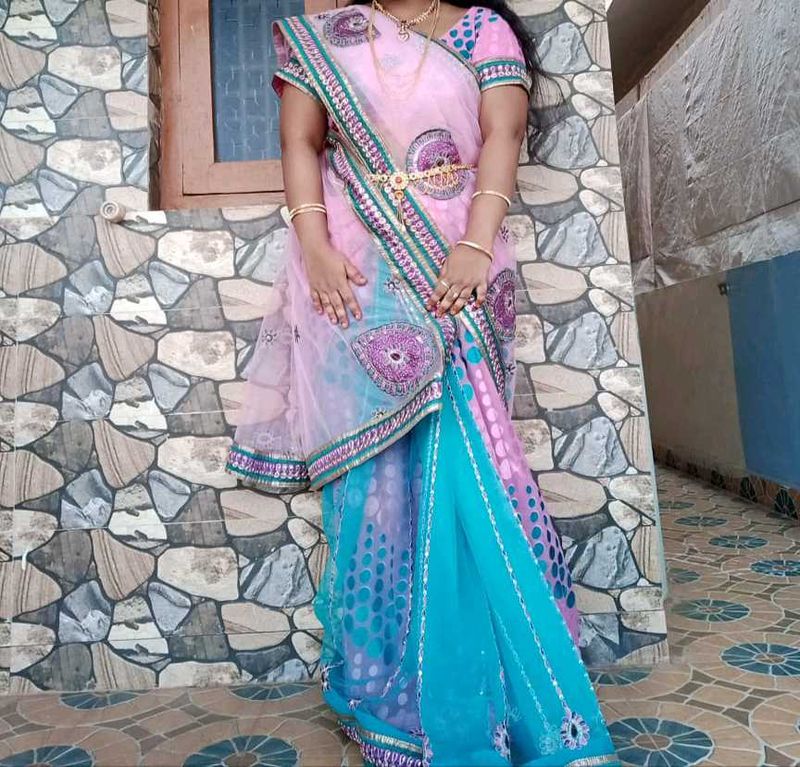 1 Minute Saree Elegant Pink &amp; Blue Sare