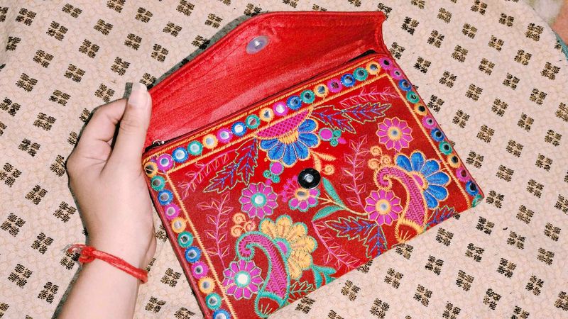 Embroidered Red Clutch
