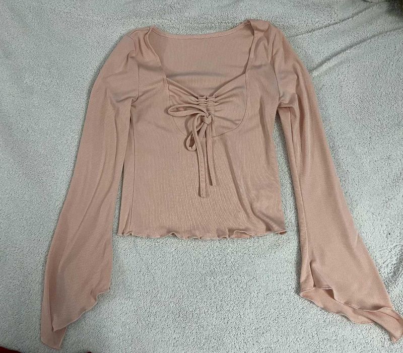 Pink Tie Front Long Sleeve Top