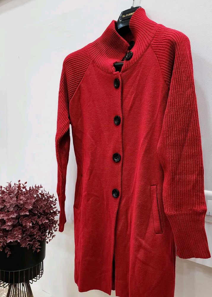 Red Knit Button-Down Cardigan