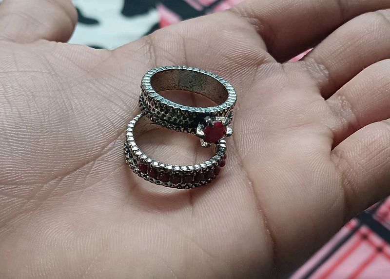 2 Pair Silver Rings With Maroom Stone