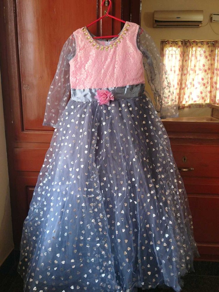 Silver with Pink Girl's Party Wear Gown