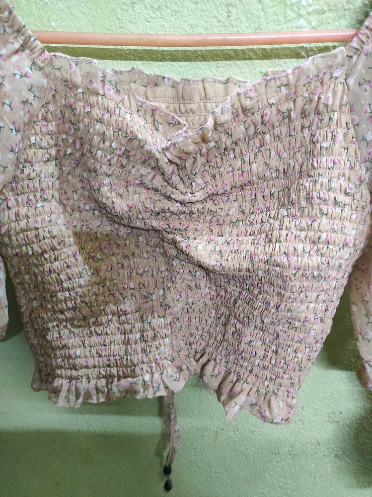 Floral Print Beige Multicolor Drawstring Crop Top