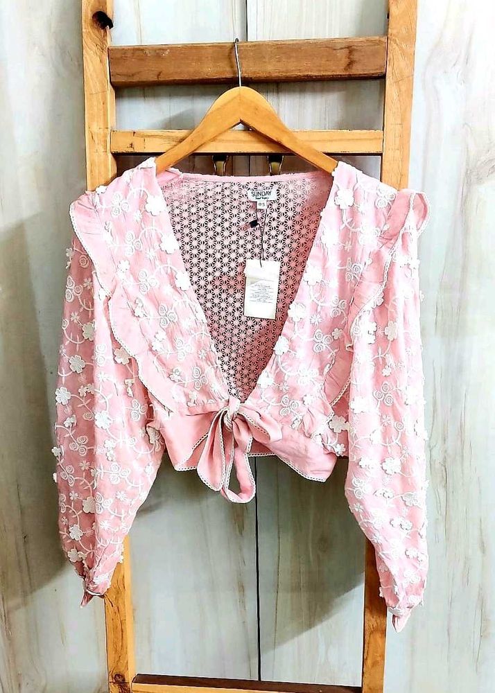 Pink Floral Lace Tie-Front Top Size-32