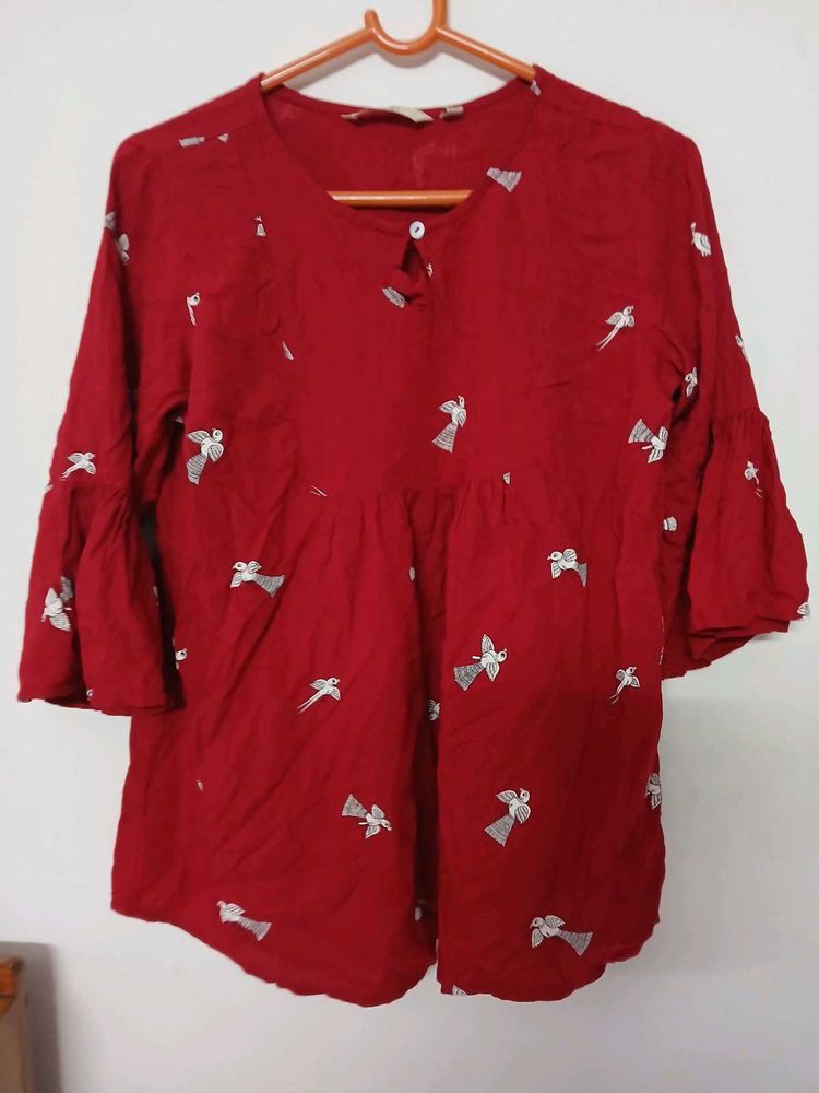 Red Bird Print Top