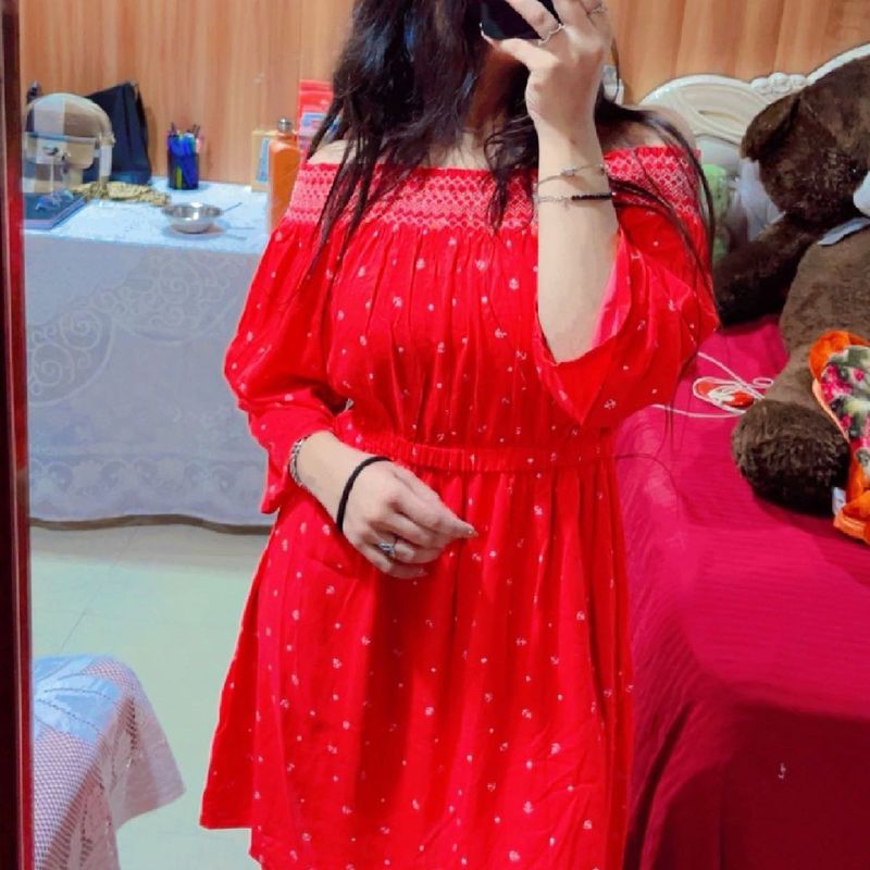 Printed Smocked Off Shoulder Dress