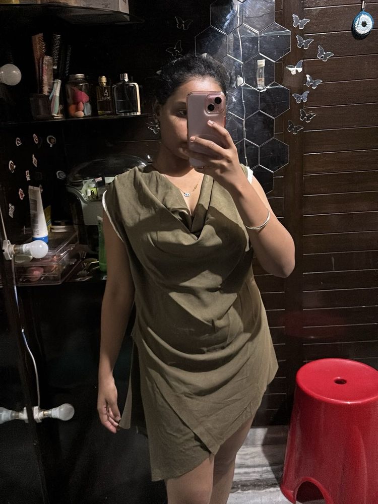 Olive Green Cowl Neck Mini Dress