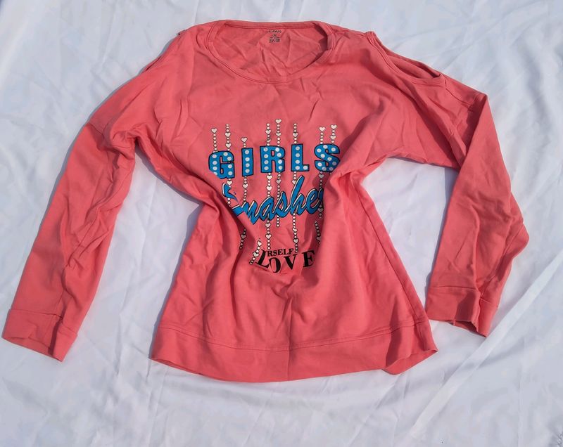 Shoulder Cut Full Sleeve Women Cotton Tee