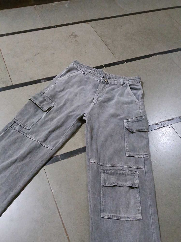 Grey Denim Cargo Jeans With Good Condition