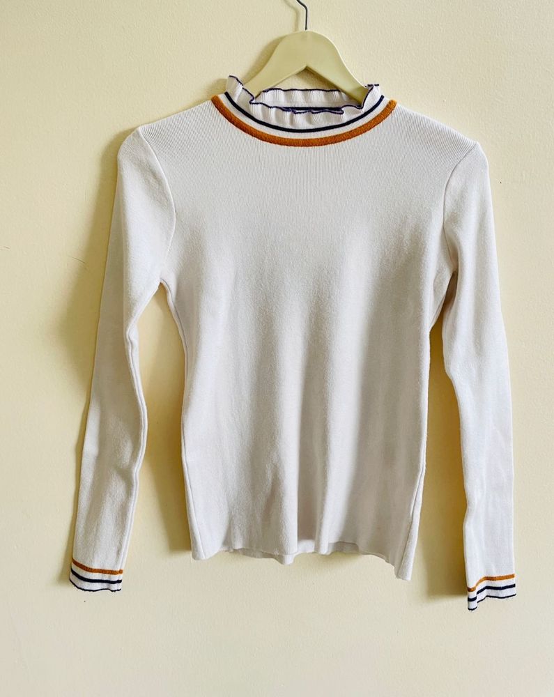 Striped Trim Funnel Neck Top