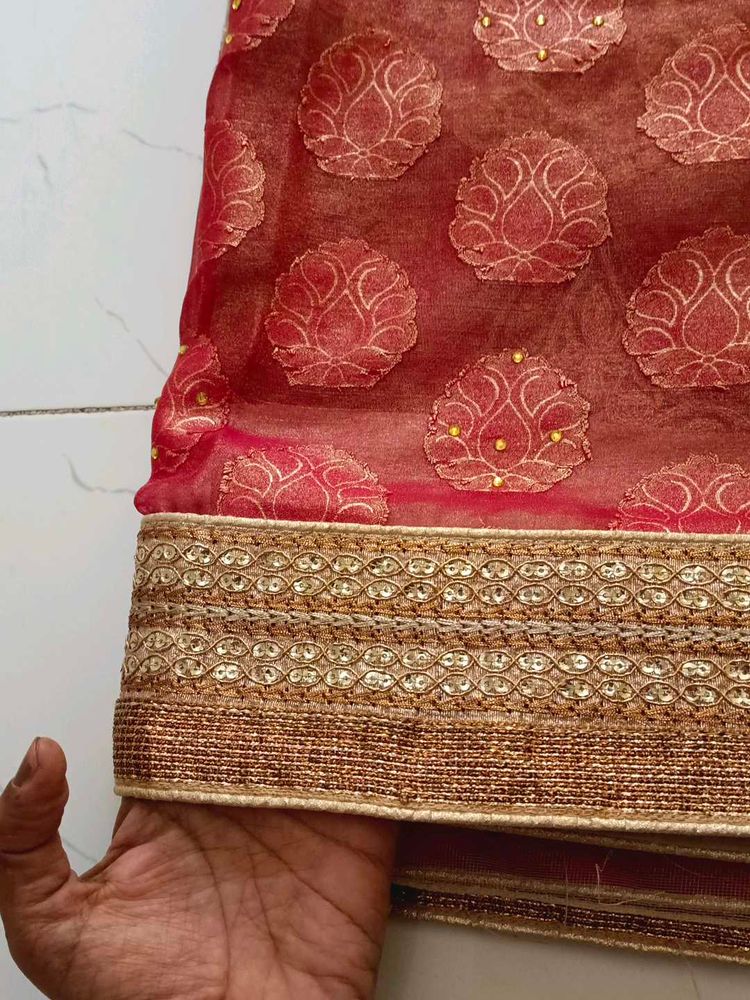 Orange Beige Net Saree