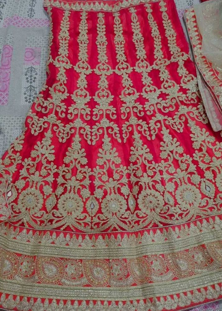 Red &amp; Gold Embroidered Lehenga