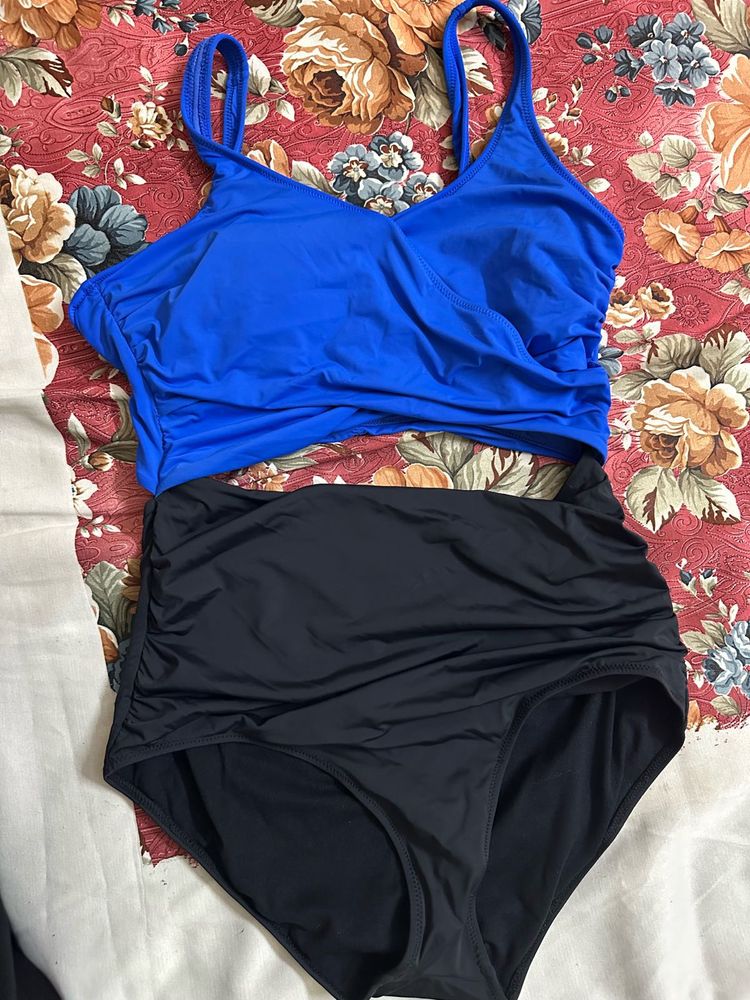 Blue &amp; Black High-Waisted Swimsuit
