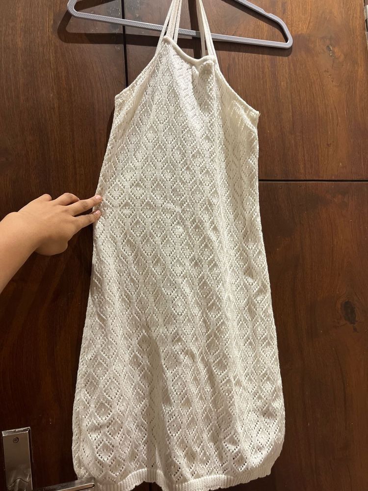Zudio White Halter-Neck Crochet Mini Dress – Size