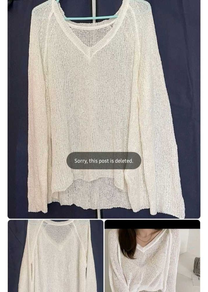 White V-Neck Knit Top