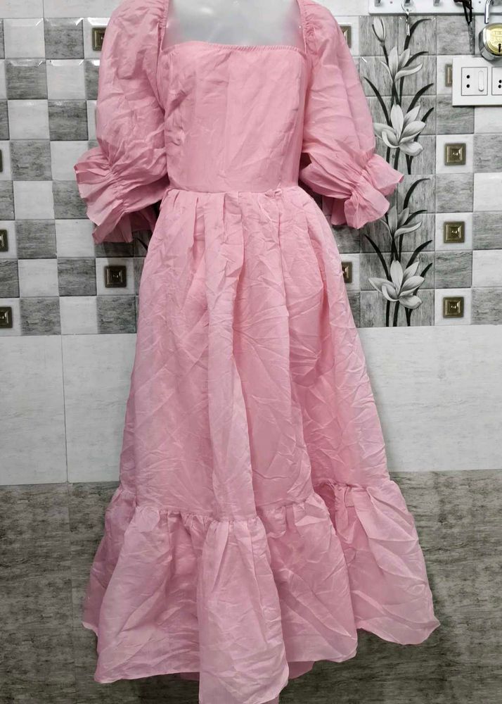 Pink Maxi Dress with Puff Sleeves