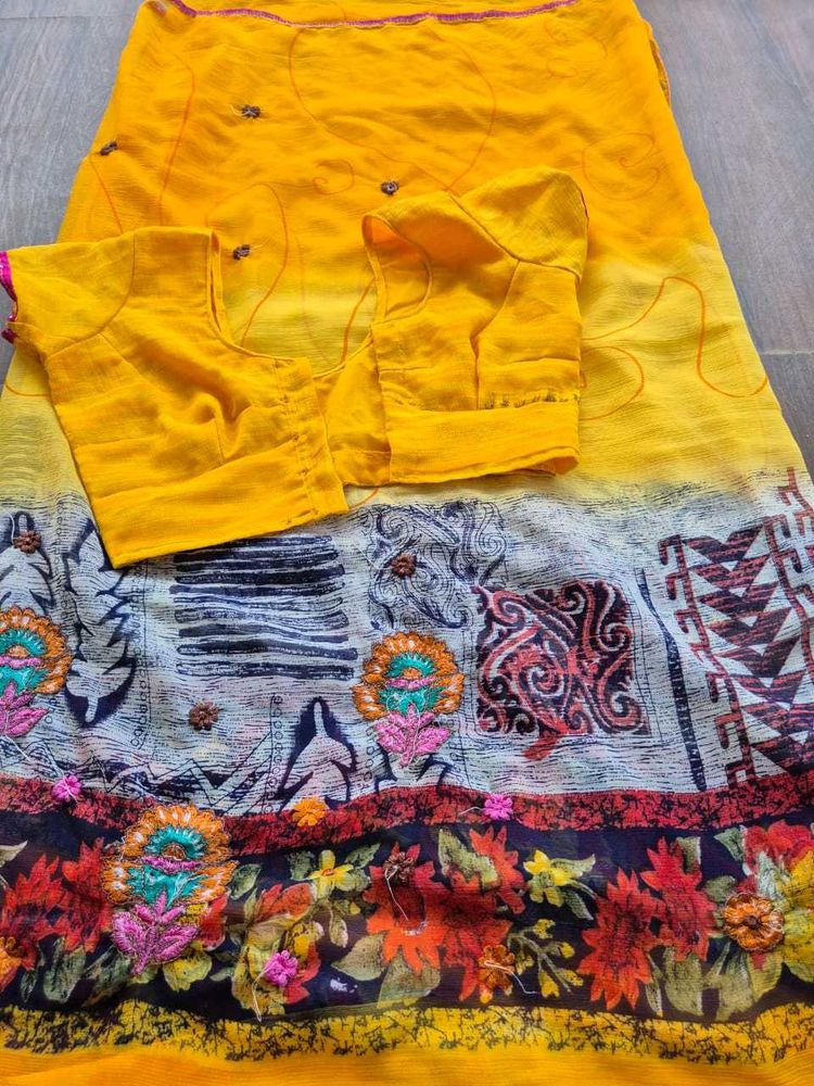 Yellow Saree With Matching Blouse