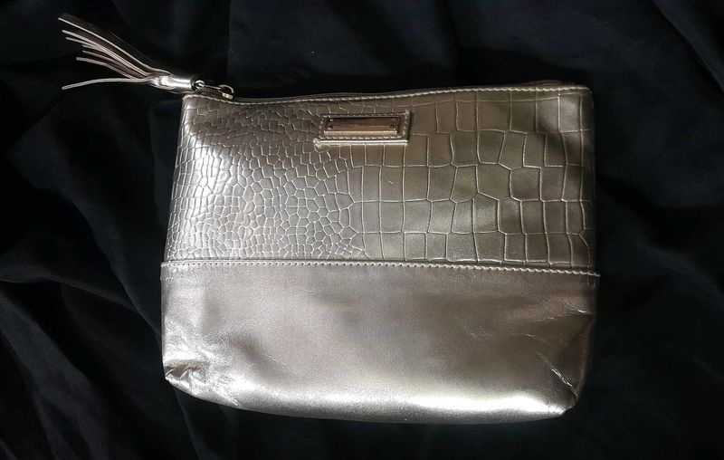 Gold Croc-embossed Metallic Zipper Pouch
