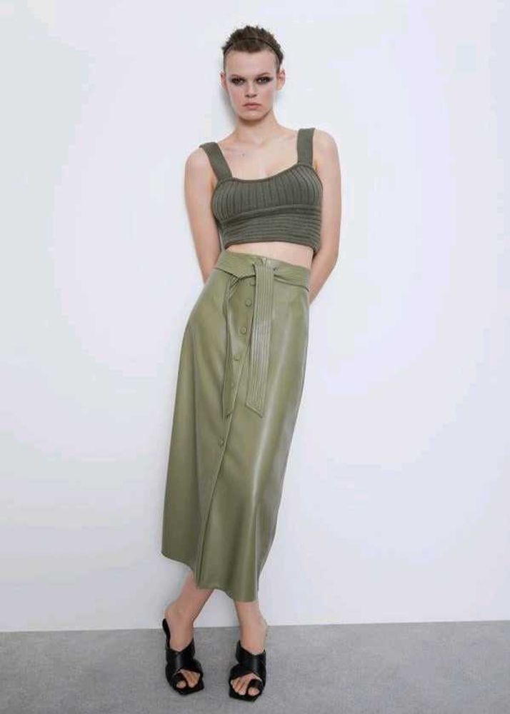 ZARA Khaki Faux Leather Buttoned Skirt with Belt