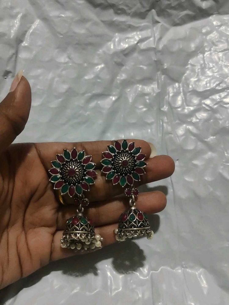 Antique Earrings With Red And Green Stones