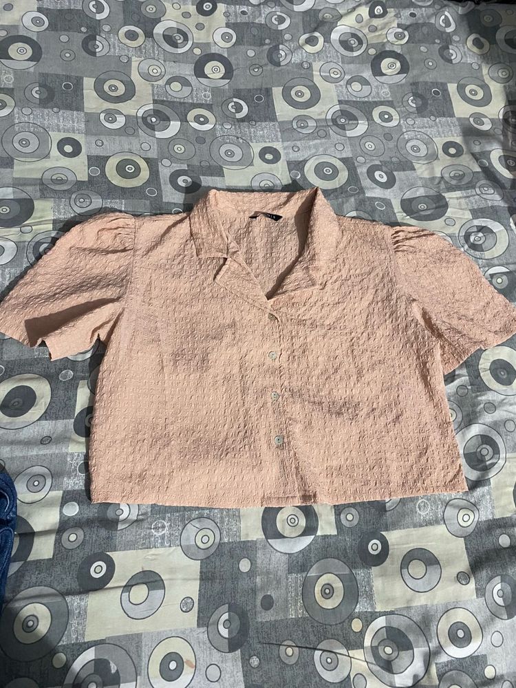 Peach Textured Puff Sleeve Top