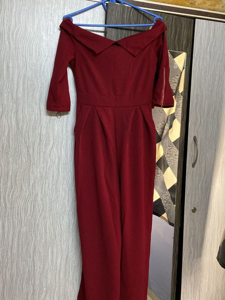 Burgundy Off-Shoulder Jumpsuit