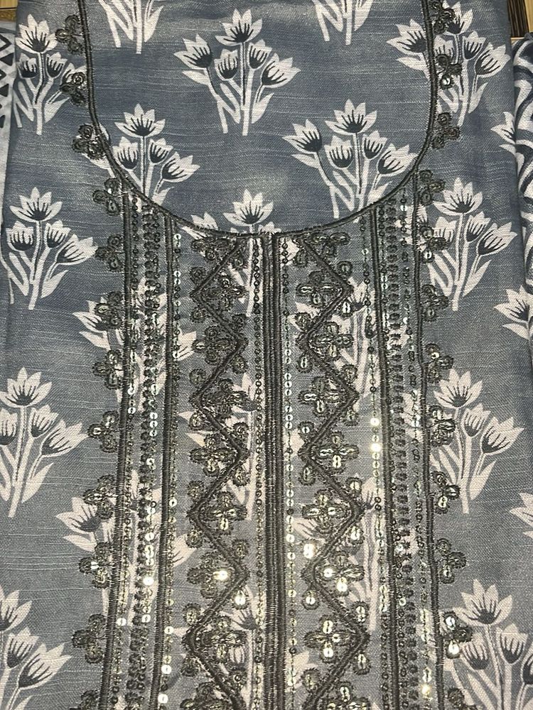 Slub Cotton Fix Price Gray Floral Embroidered Kurt